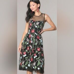 ECI Black Dress with Red and Green Floral Design